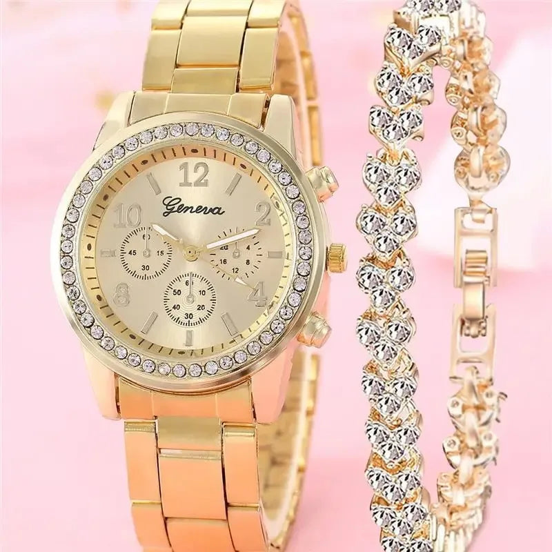 Fashion Luxury Women's Diamond Quartz Bracelet Set Watch Two Piece Set