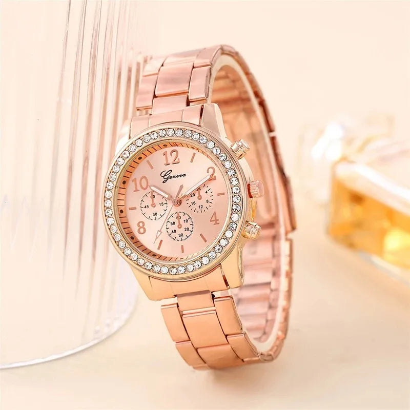 Fashion Luxury Women's Diamond Quartz Bracelet Set Watch Two Piece Set