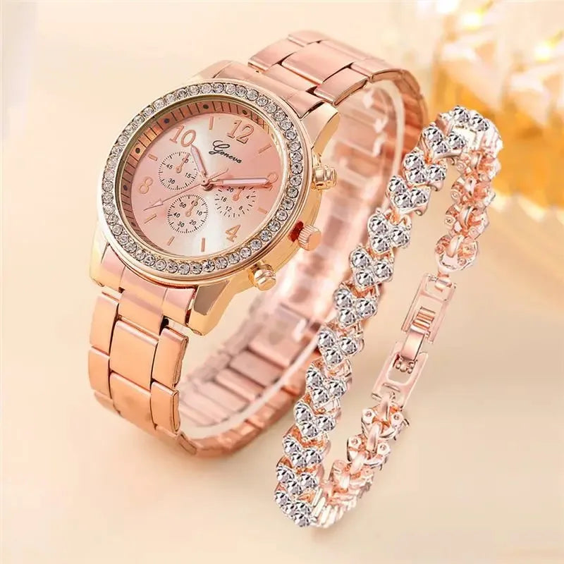 Fashion Luxury Women's Diamond Quartz Bracelet Set Watch Two Piece Set