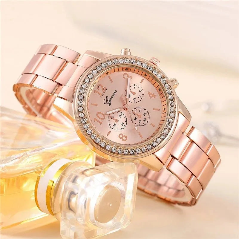 Fashion Luxury Women's Diamond Quartz Bracelet Set Watch Two Piece Set